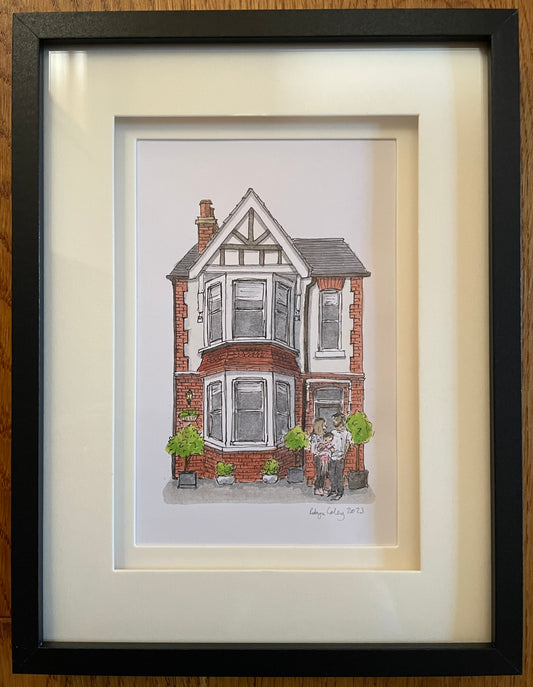 A6 mini original watercolour and ink pen illustration of a lovely Bedford home featuring the family who own it