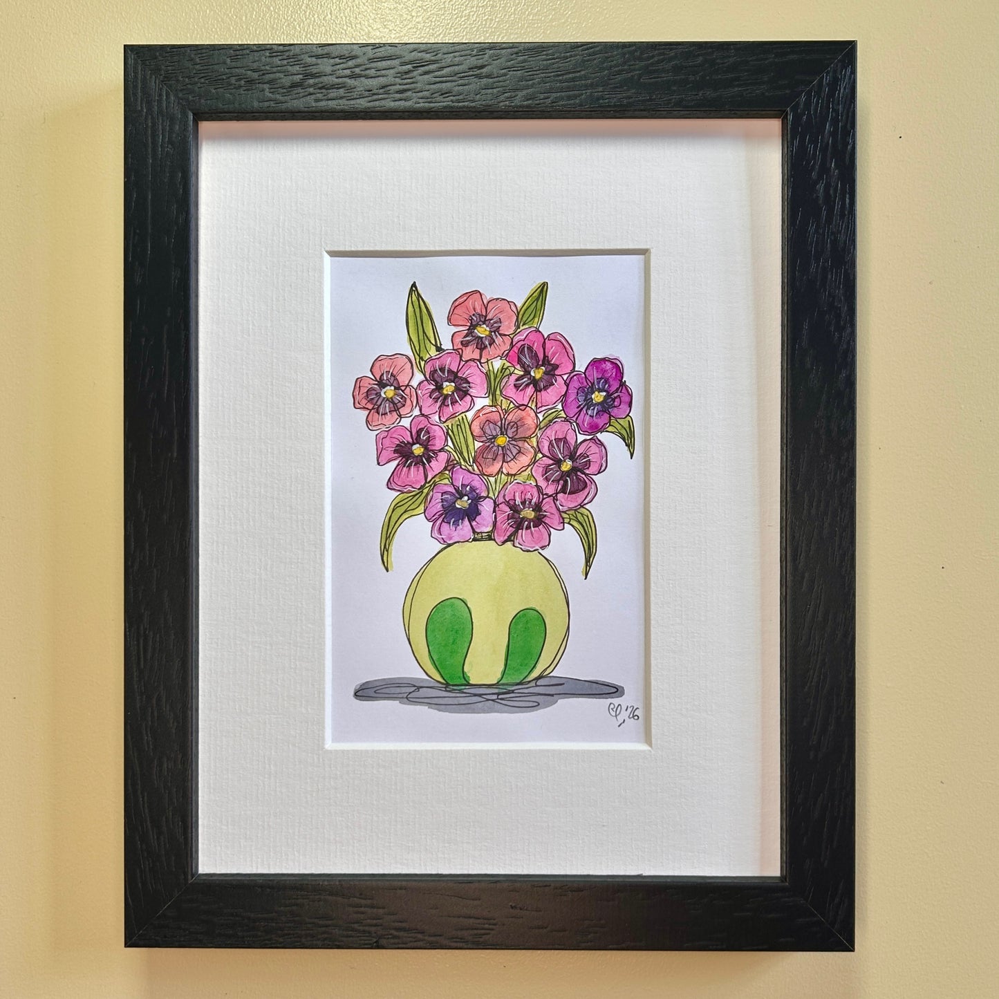 Pink Pansies in a Green Vase | A6 mini painting