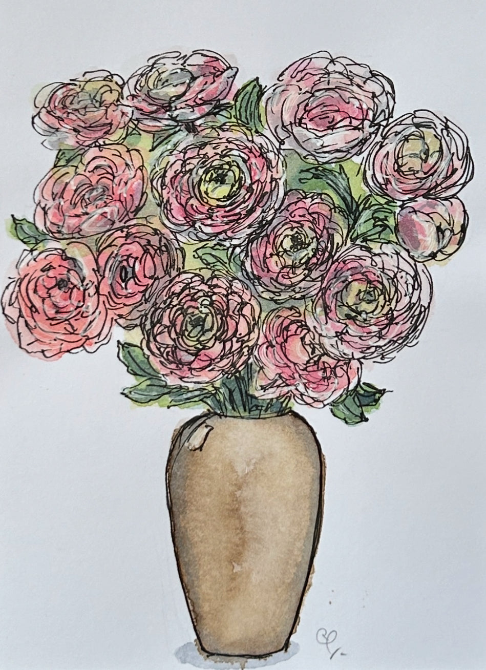 An A6 (postcard sized) watercolour and ink pen illustration of a vase of pink ranunculus.