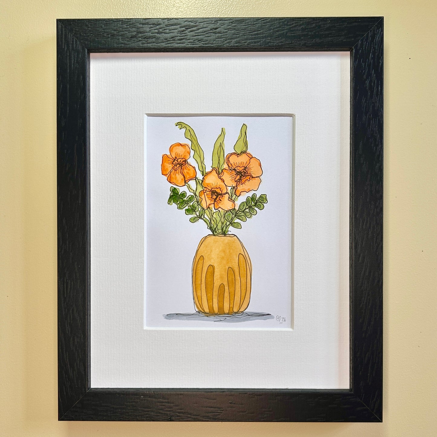 Poppies in an Ochre Vase | A6 mini painting