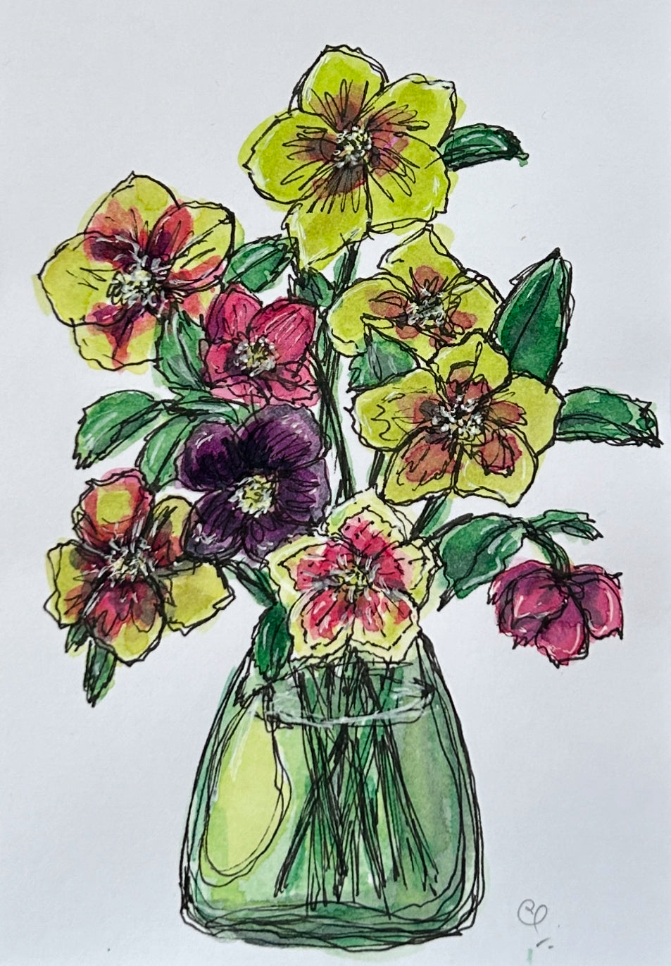 An A6 (postcard sized) watercolour and ink pen illustration of bright hellebore flowers in a green vase.