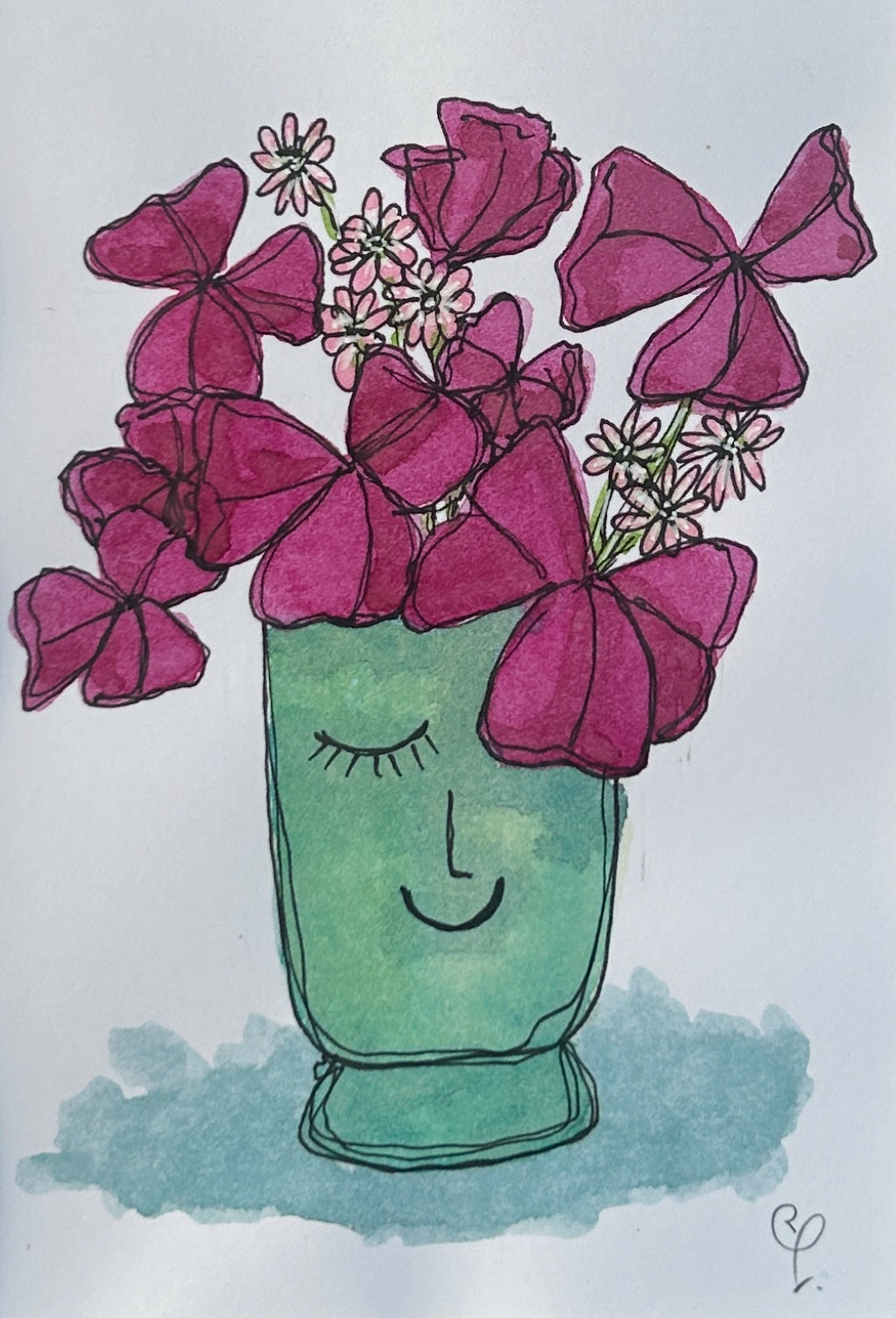 A6 mini original watercolour and ink pen illustration of a purple oxalis plant in a green ceramic face pot