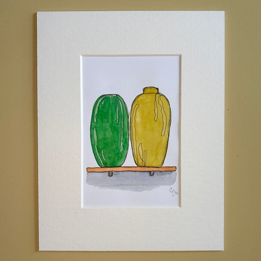 Green & Ochre Vases | A6 mini painting
