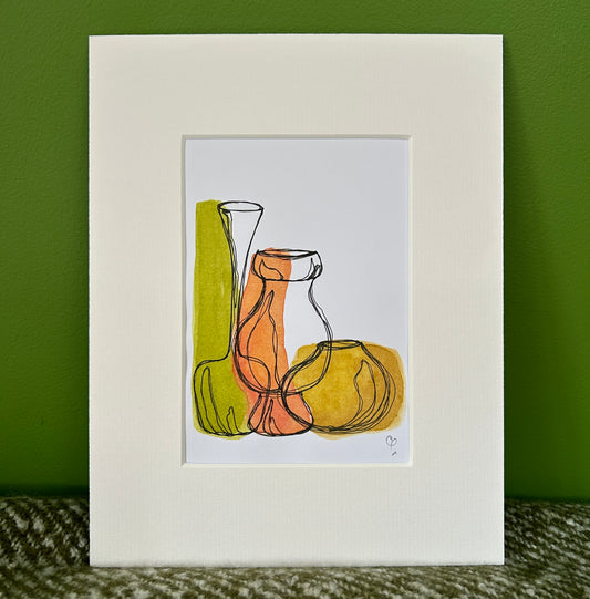 An A6 (postcard sized) watercolour and ink pen single line illustration of a collection of vintage glass vases.