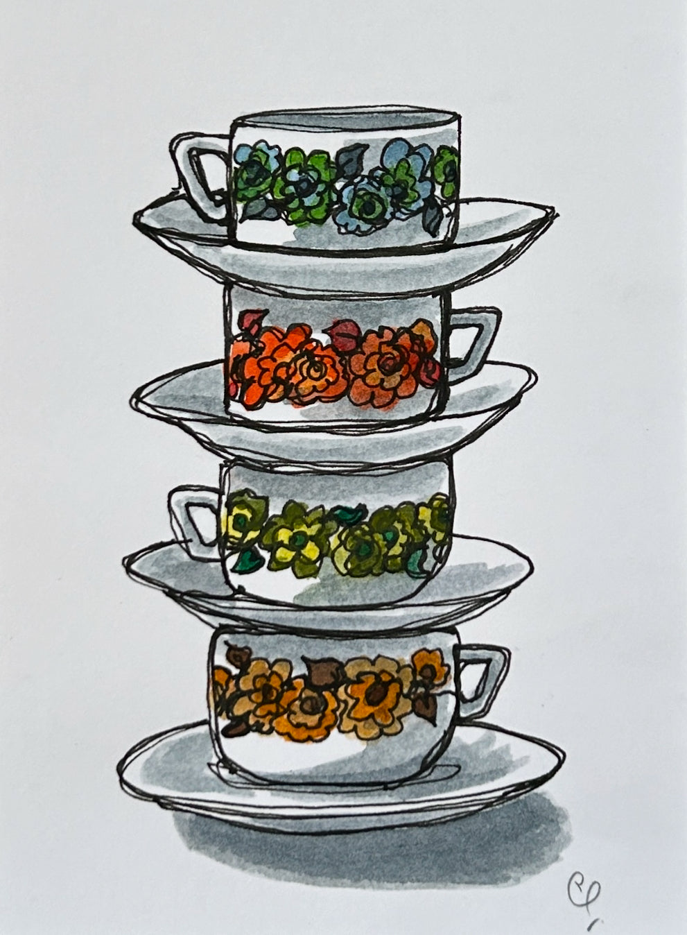 An A6 (postcard sized) watercolour and ink pen single line illustration of a stack of vintage Acropal cups & saucers.