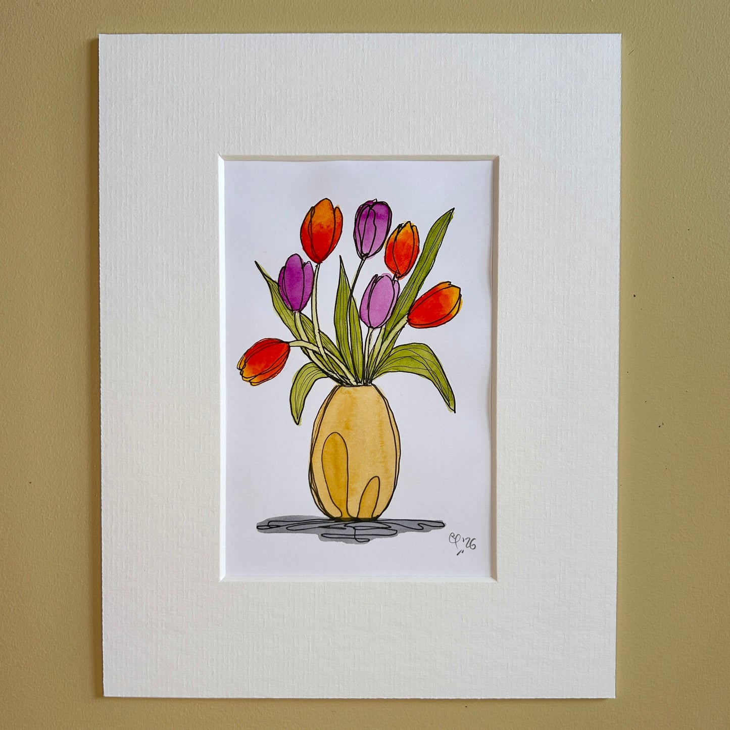 Tulips in an Ochre Vase | A6 mini painting