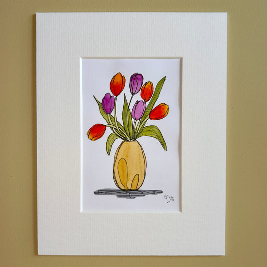 Tulips in an Ochre Vase | A6 mini painting