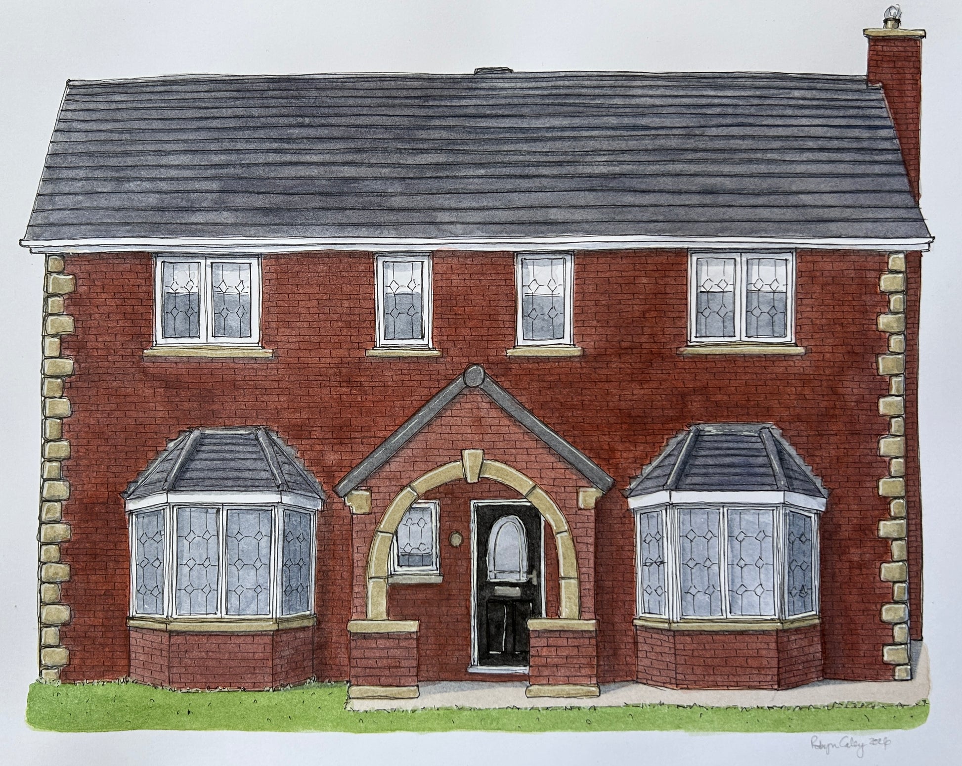 A4 house portrait painting of a double fronted home in Cleveland