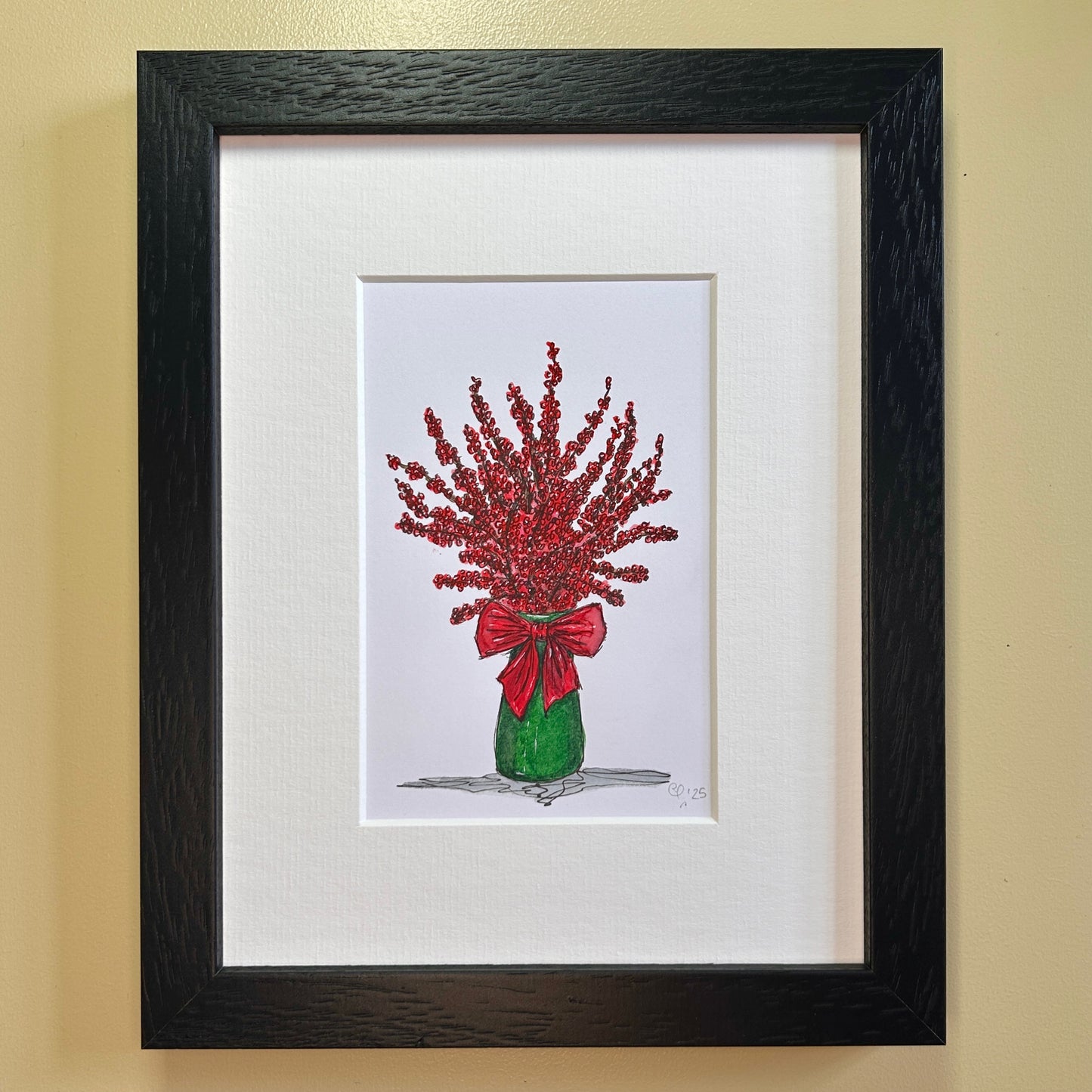 Ilex, Green Vase, Red Bow | A6 mini painting