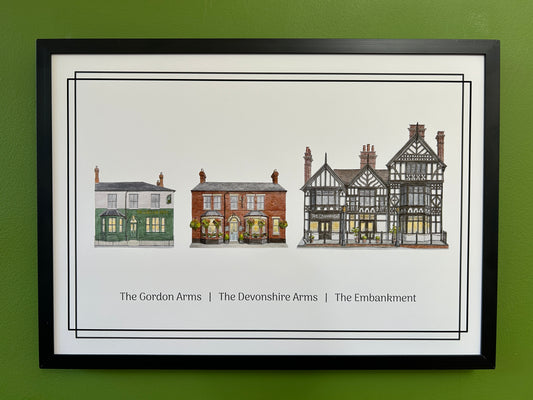 A4 Pub Crawl print of The Gordon Arms, The Devonshire Arms and The Embankment, Bedford