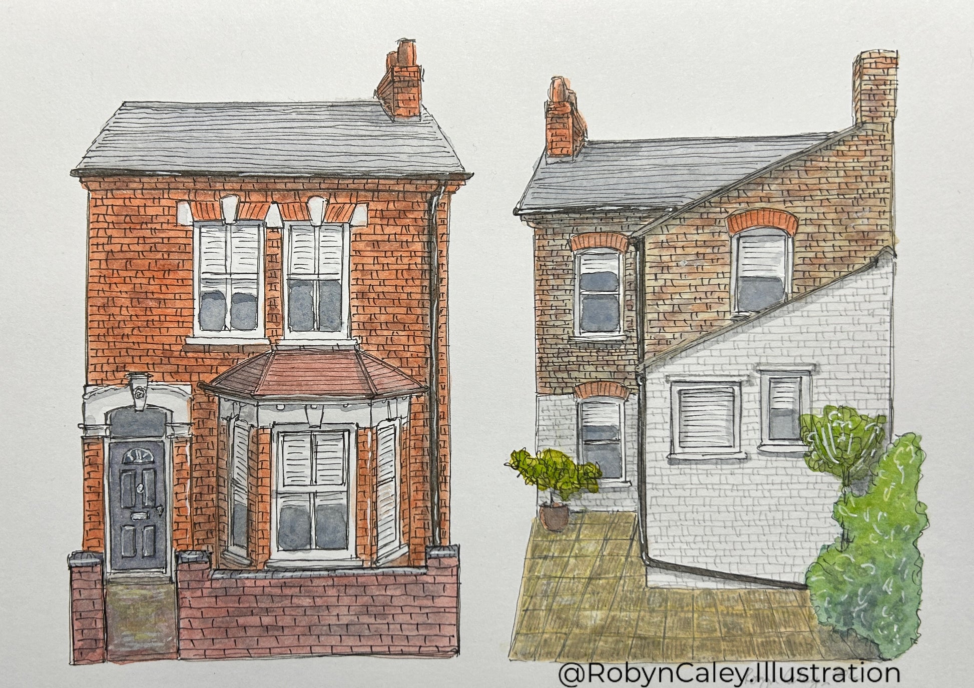 A5 house portrait painting of the front and rear elevation of a Victorian terraced home in Bedford’s Black Tom area