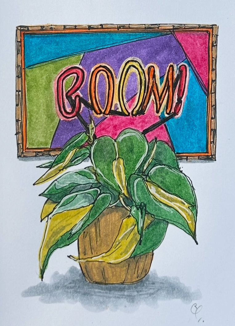 An A6 (postcard sized) watercolour and ink pen illustration of a trailing devil’s ivy in front of a BOOM neon light & geometric print.