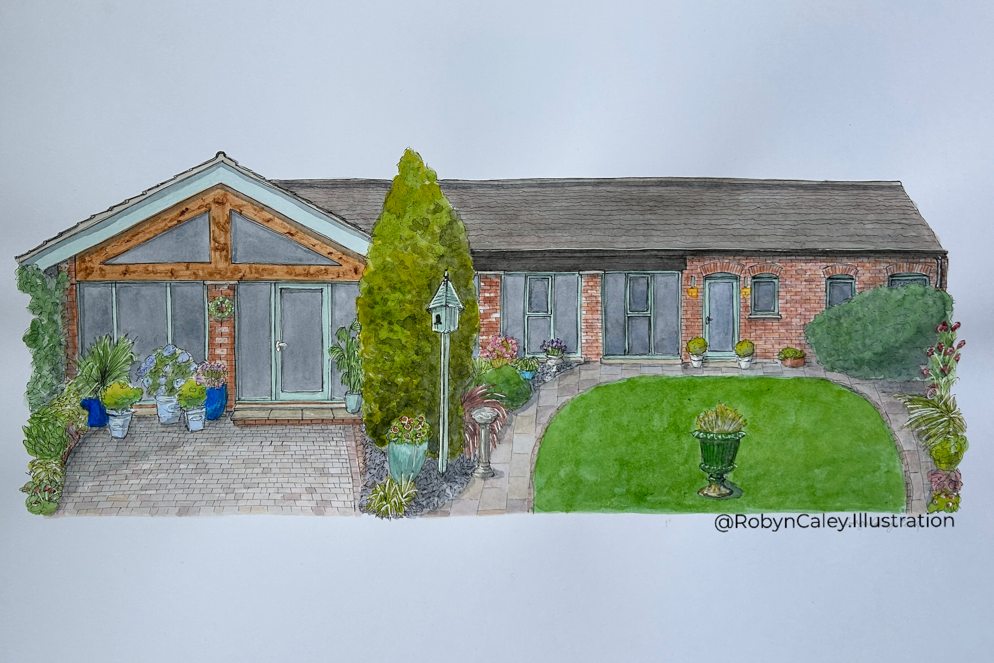 A3 house portrait painting of the rear view of a lovely bungalow