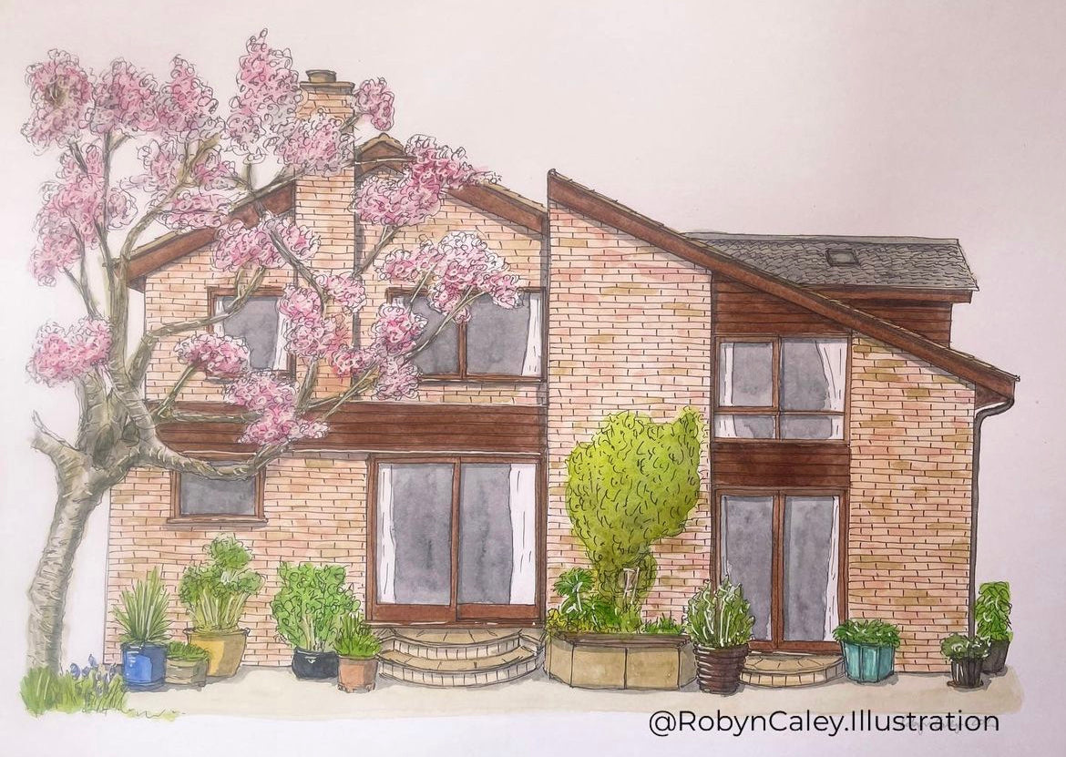 A4 house portrait painting of a beautiful house in Gamlingay, featuring a blossoming cherry tree 