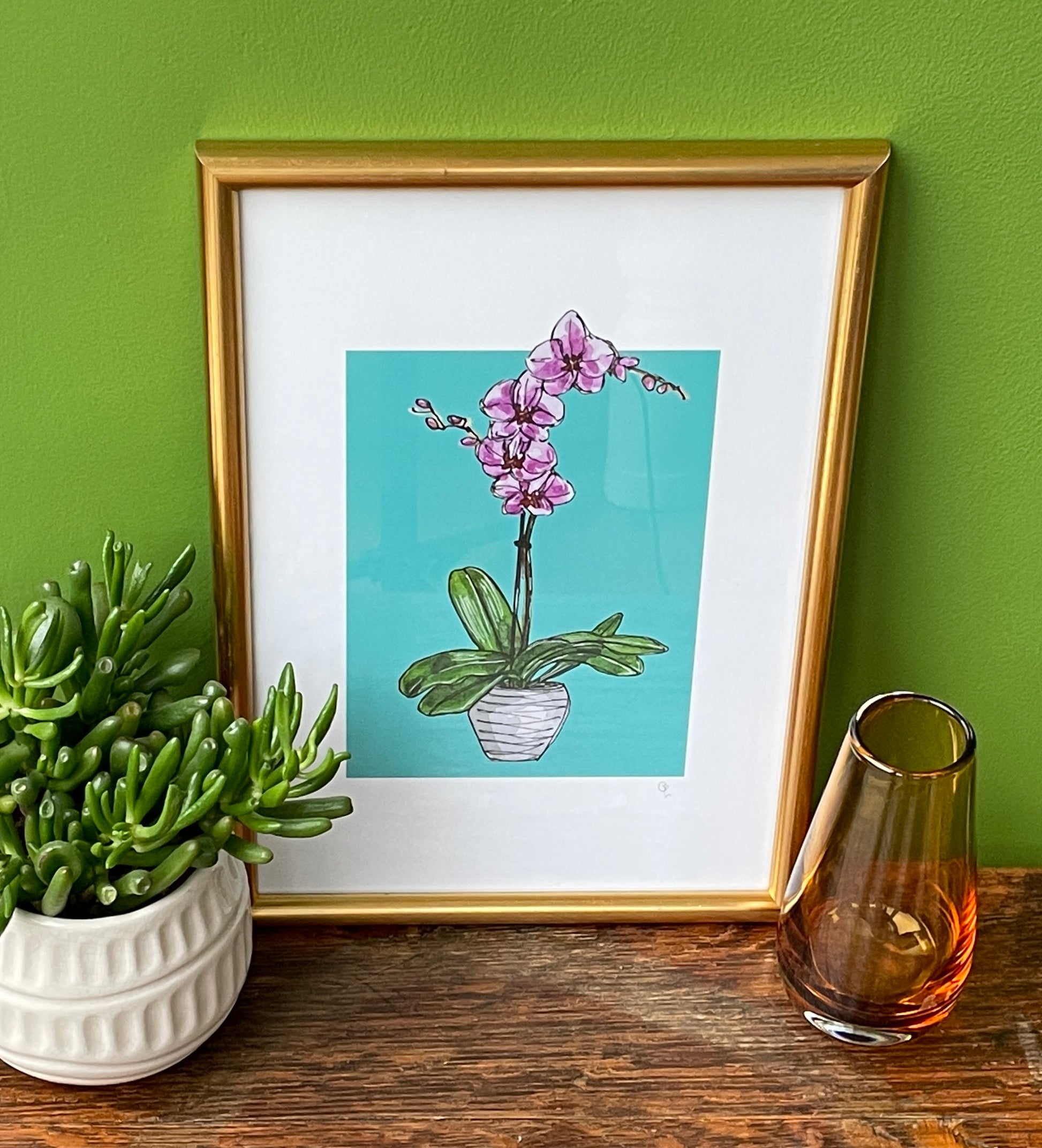 A5 print of an orchid with pink flowers, on a dusky turquoise background 