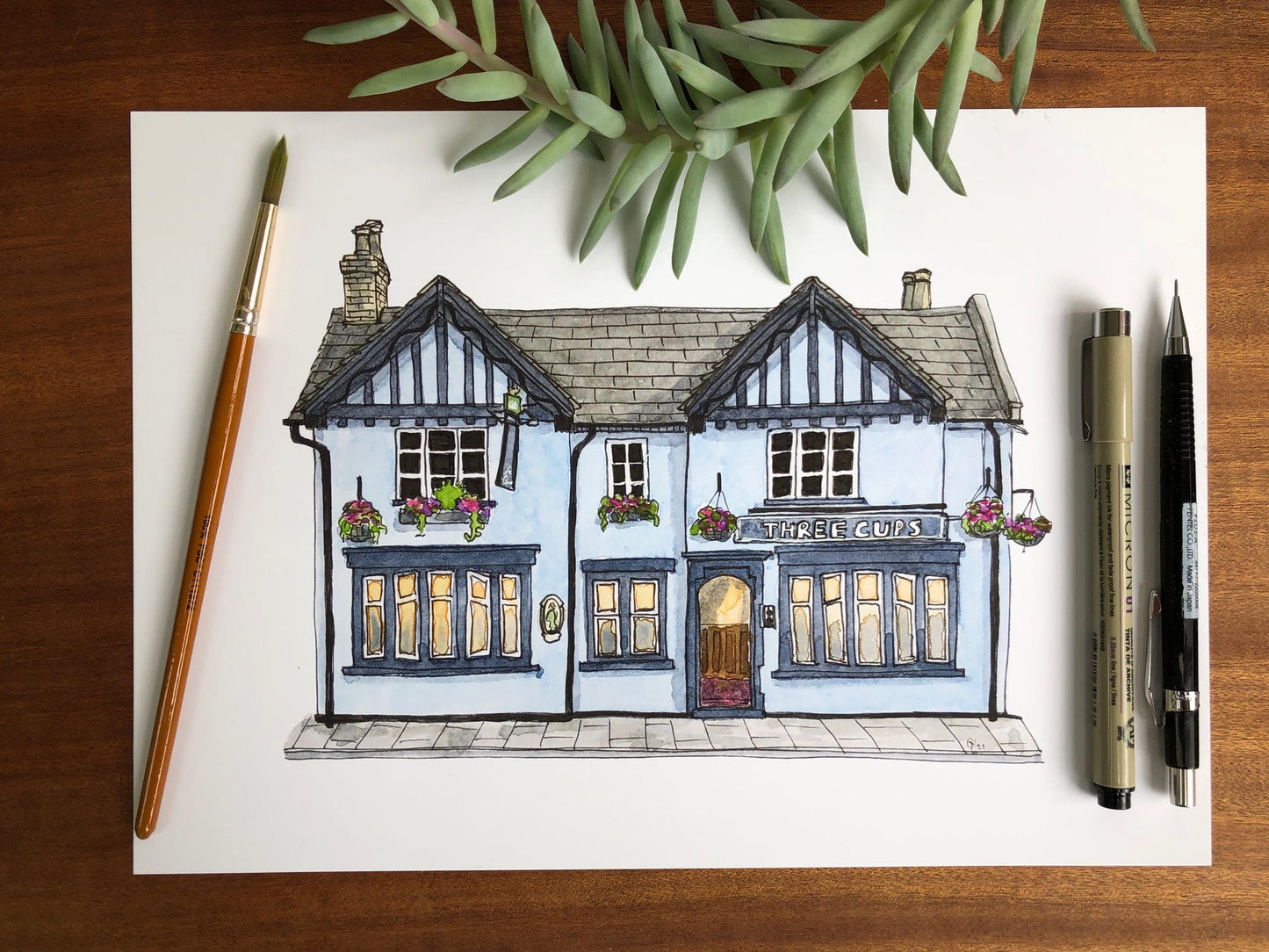 A4 print of The Three Cups on Newnham Street, Bedford