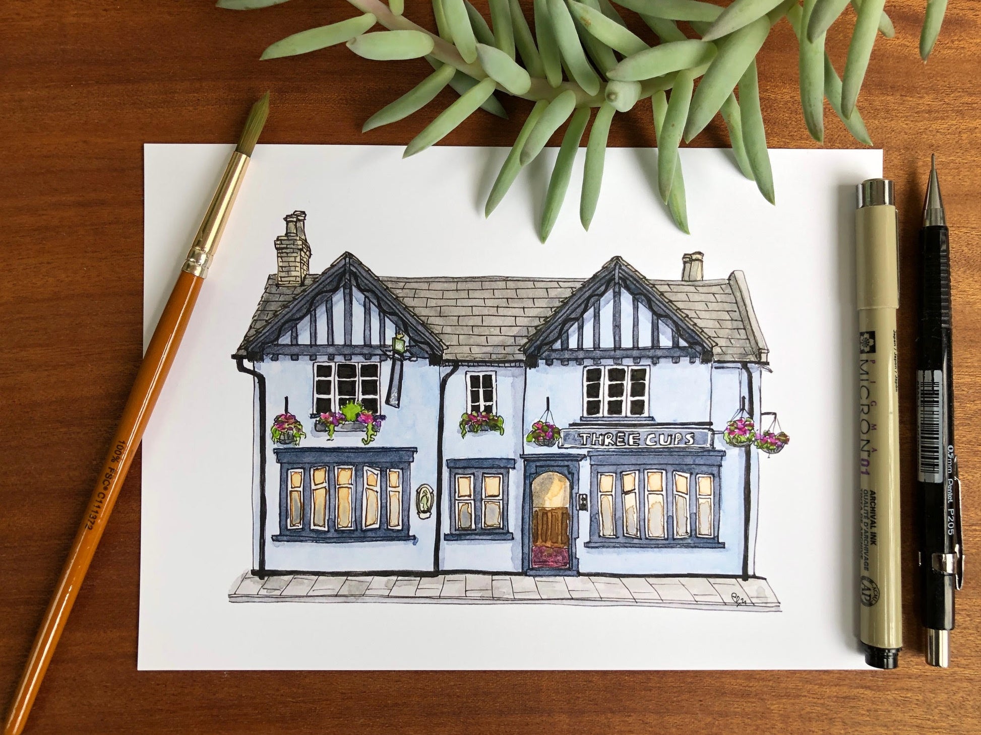 A5 print of The Three Cups on Newnham Street, Bedford