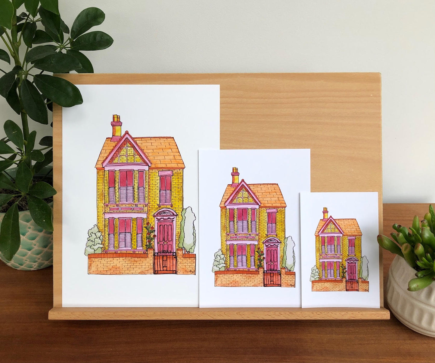 A4, A5 and tester print of a bright English Victorian house, in pink, yellow and orange