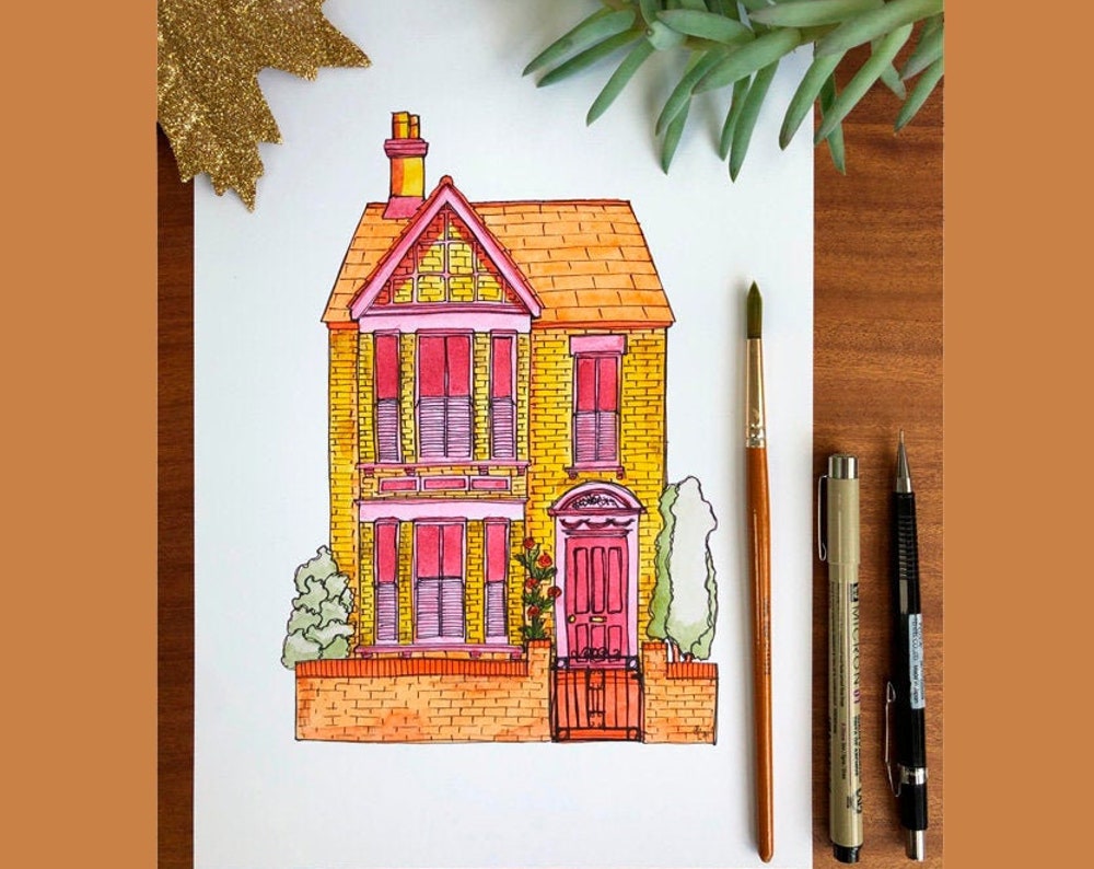 A4 print of a bright English Victorian house in pink, orange and yellow