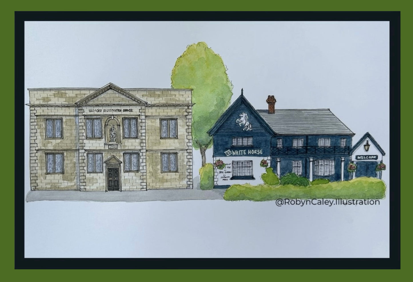 Original A4 watercolour and ink pen Wedding Story illustration featuring Bedford Registration Office and The White Horse on Newnham Avenue, Bedford