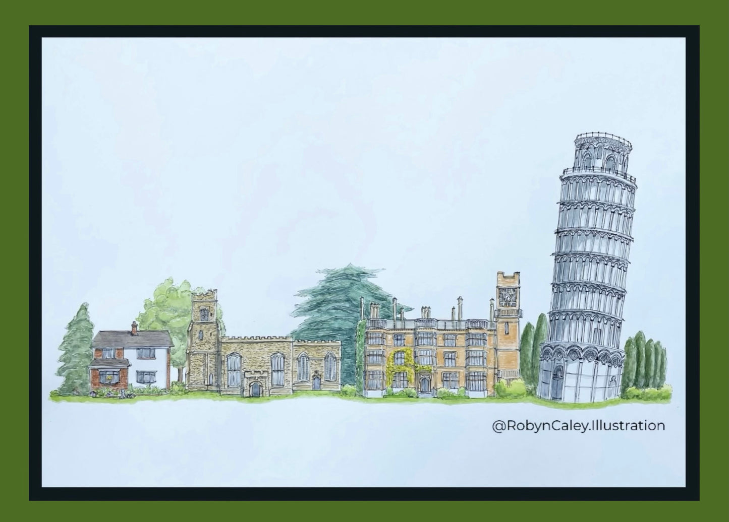 Original A3 watercolour and ink pen Wedding Story illustration featuring a family home, St Lawrence Church in Willington, Shuttleworth House in Biggleswade and the Leaning Tower of Pisa, Italy